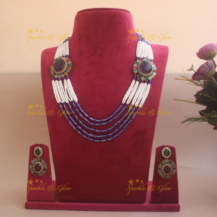 Gorgeous Floral design multi layer Victorian AD haram with navaratna stones pearls and purple beads - purple