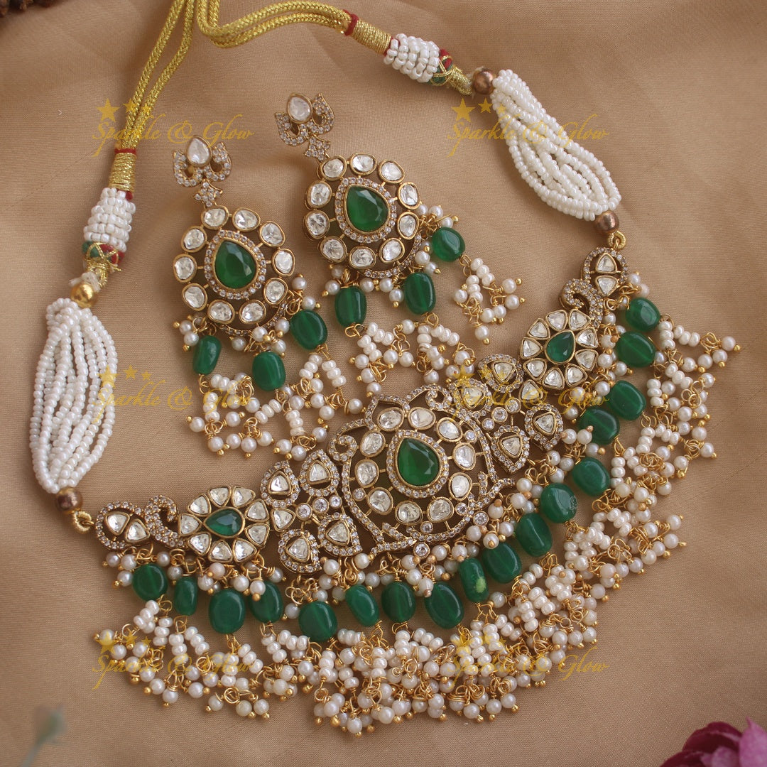 Elegant Floral victorian AD choker with pearls and green beads