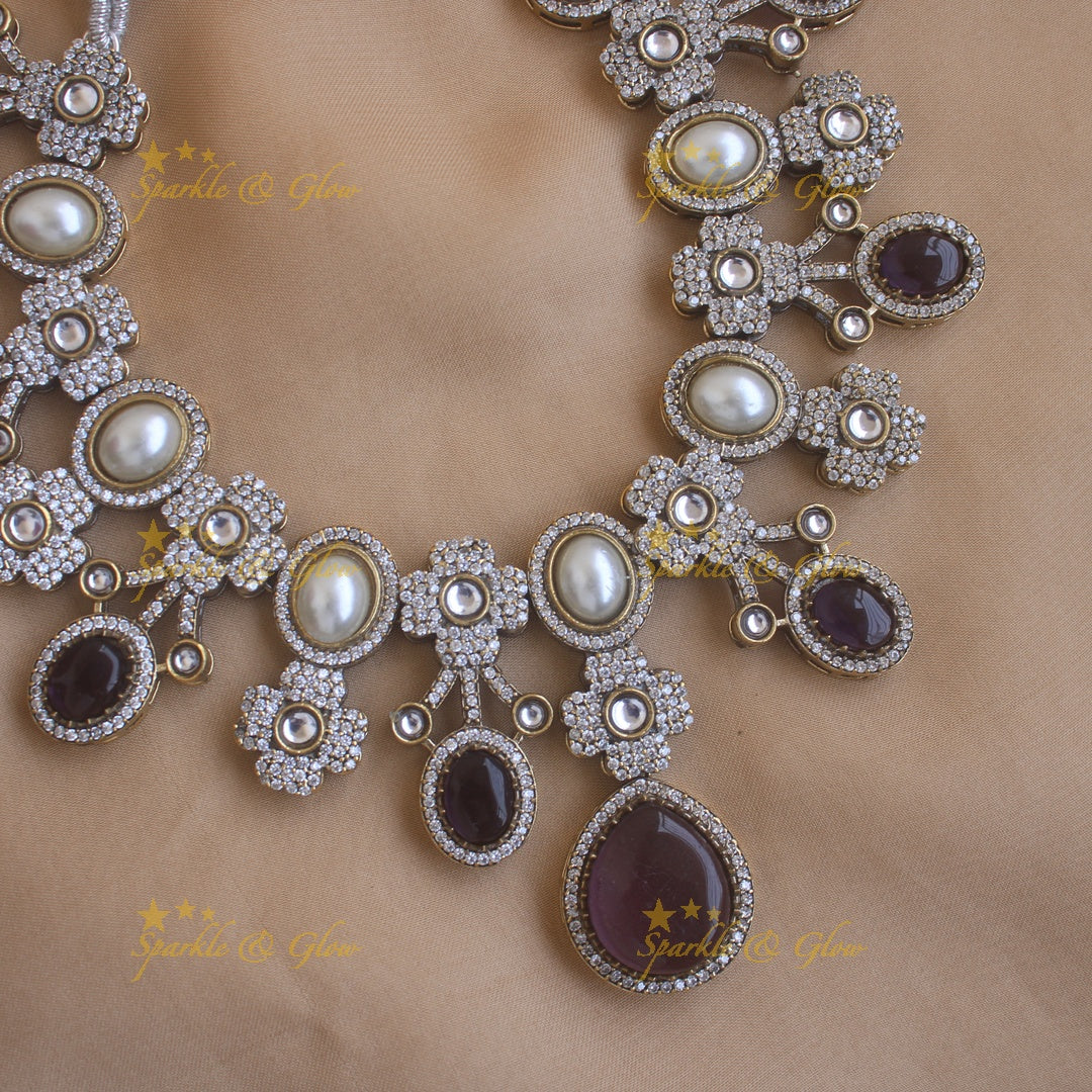 Statement Floral and Oval design Victorian AD short necklace with pearls and stones - Purple