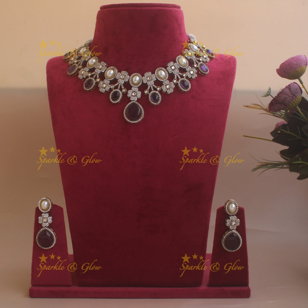 Statement Floral and Oval design Victorian AD short necklace with pearls and stones - Purple