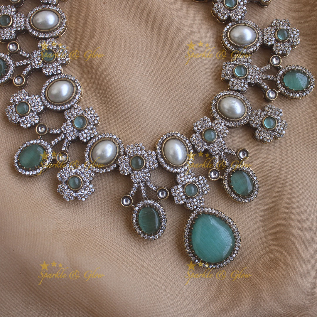 Statement Floral and Oval design Victorian AD short necklace with pearls and stones - Mintgreen