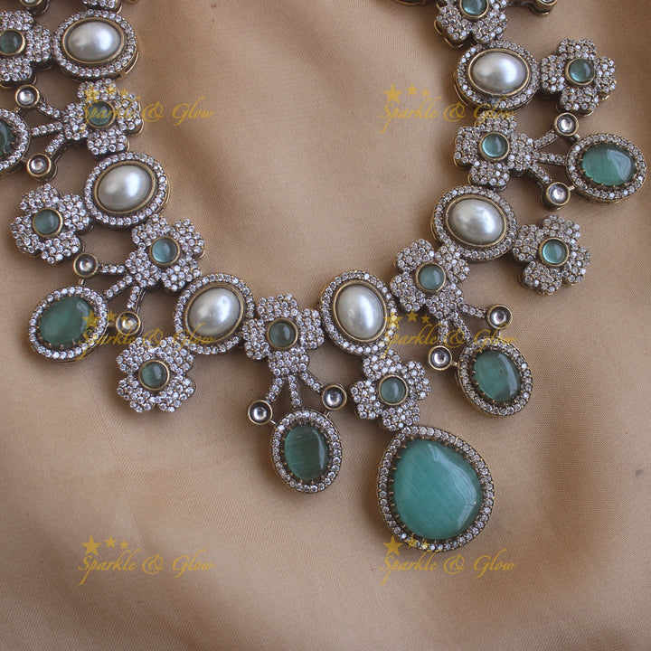 Statement Floral and Oval design Victorian AD short necklace with pearls and stones - Mintgreen