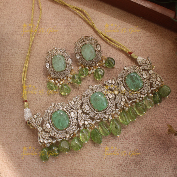 Beautiful Floral design victorian AD choker with stone and beads - green