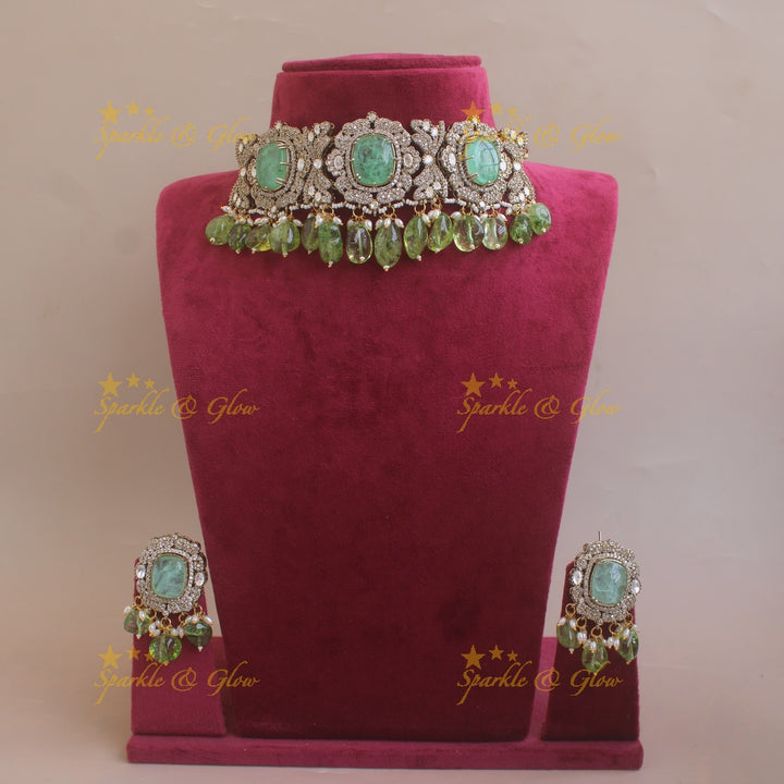 Beautiful Floral design victorian AD choker with stone and beads - purple