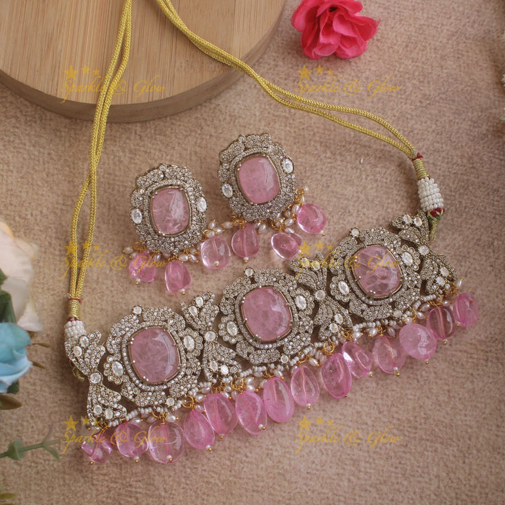 Beautiful Floral design victorian AD choker with stone and beads - green