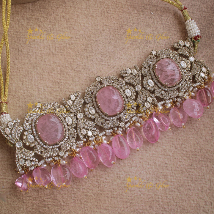 Beautiful Floral design victorian AD choker with stone and beads - baby pink