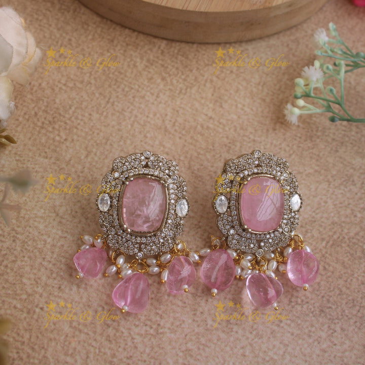 Beautiful Floral design victorian AD choker with stone and beads - baby pink