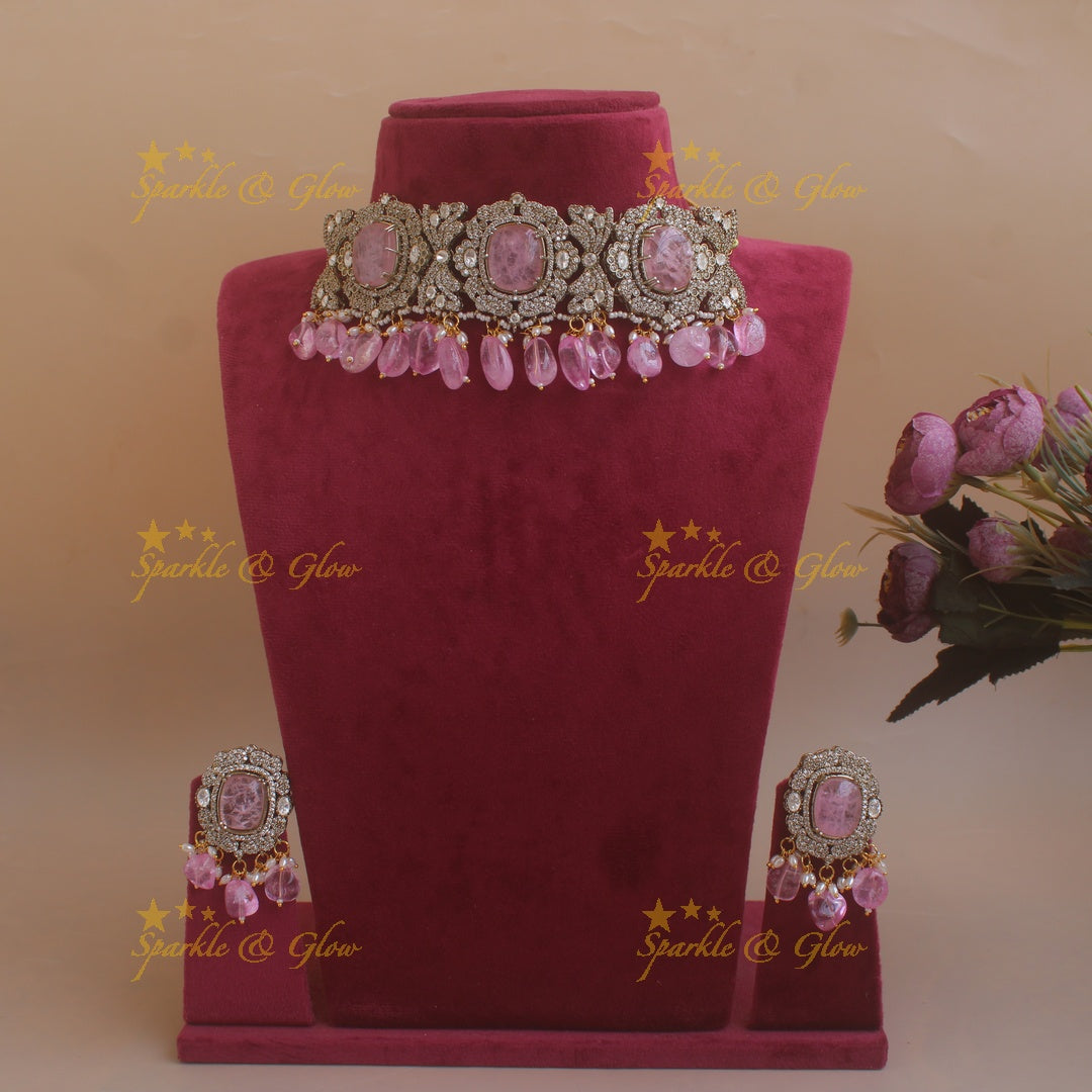 Beautiful Floral design victorian AD choker with stone and beads - baby pink