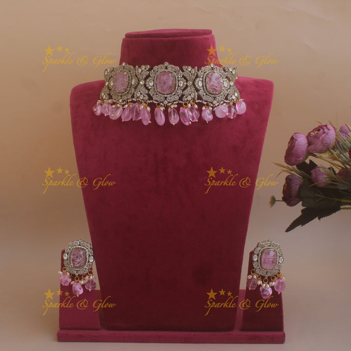 Beautiful Floral design victorian AD choker with stone and beads - baby pink