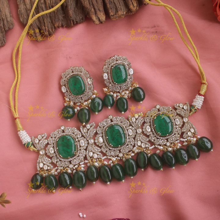 Beautiful Floral design victorian AD choker with stone and beads - green