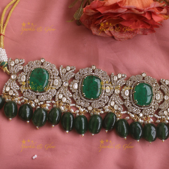 Beautiful Floral design victorian AD choker with stone and beads - green