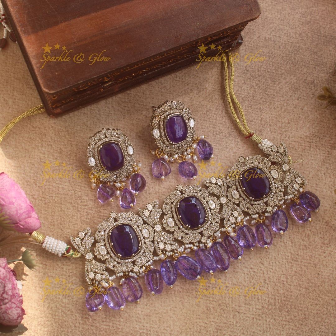 Beautiful Floral design victorian AD choker with stone and beads - purple