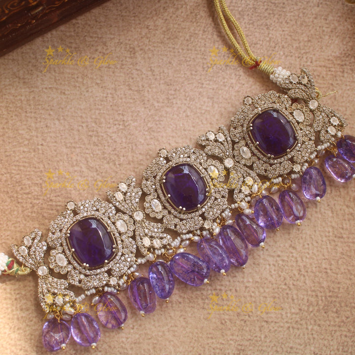 Beautiful Floral design victorian AD choker with stone and beads - purple