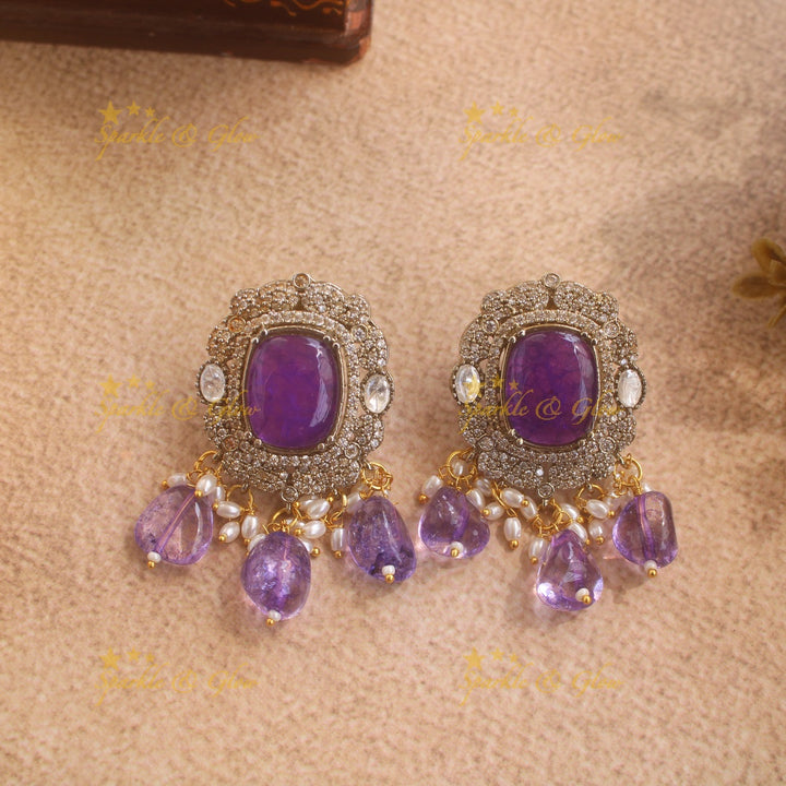 Beautiful Floral design victorian AD choker with stone and beads - purple