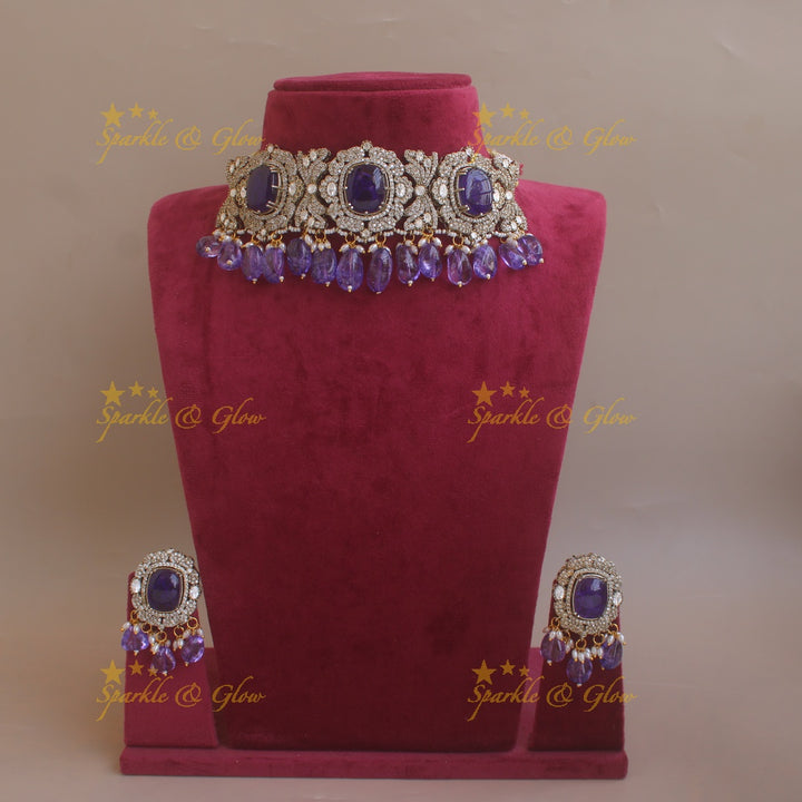 Beautiful Floral design victorian AD choker with stone and beads - purple