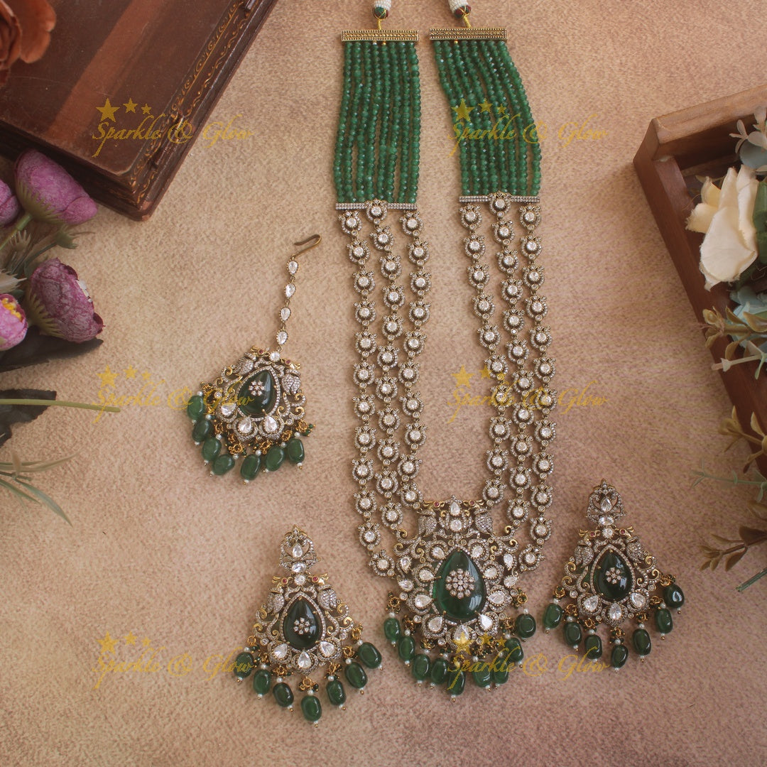 Stunning Floral Peacock Victorian AD Layer haram with red beads with maang tikka