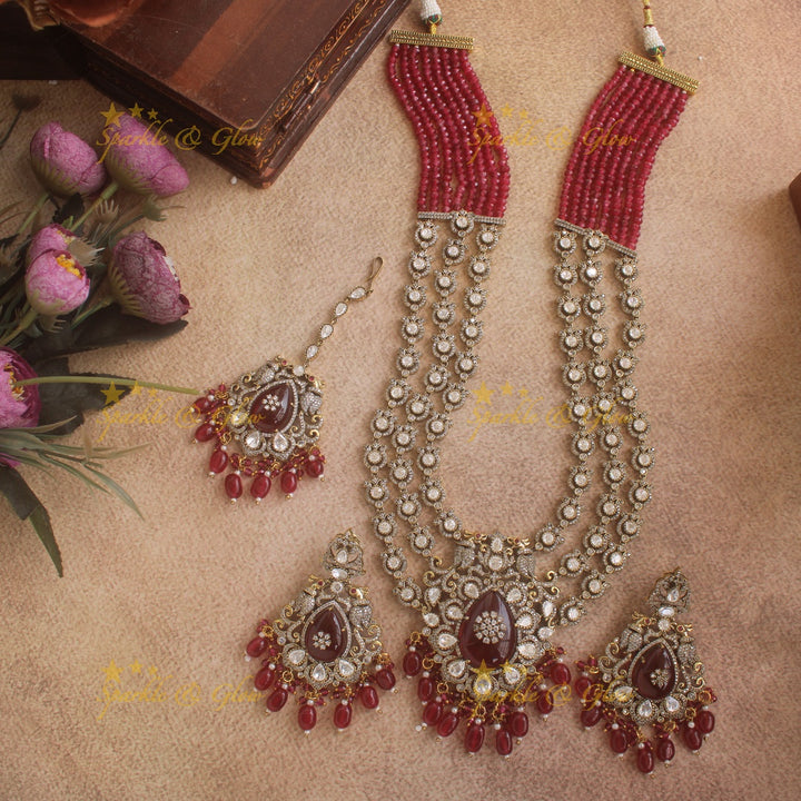 Stunning Floral Peacock Victorian AD Layer haram with red beads with maang tikka