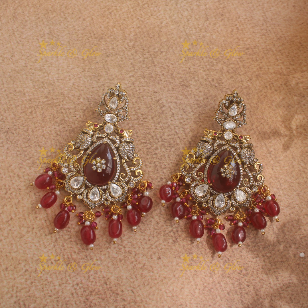 Stunning Floral Peacock Victorian AD Layer haram with red beads with maang tikka