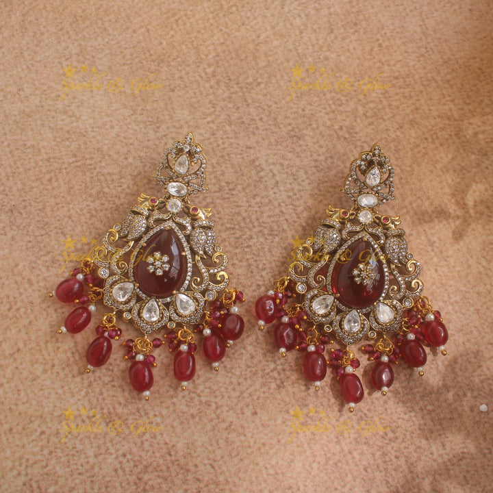 Stunning Floral Peacock Victorian AD Layer haram with red beads with maang tikka