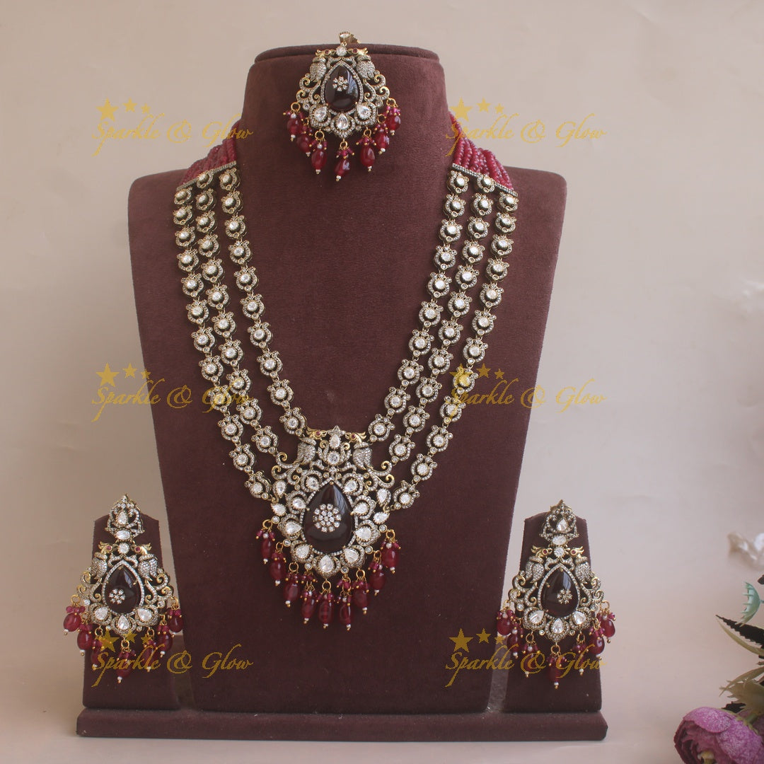 Stunning Floral Peacock Victorian AD Layer haram with red beads with maang tikka
