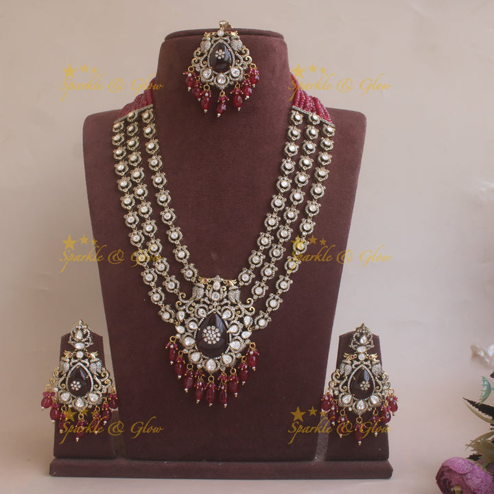 Stunning Floral Peacock Victorian AD Layer haram with red beads with maang tikka