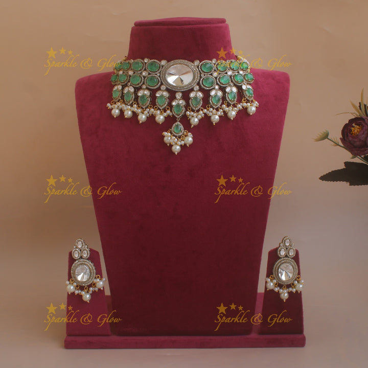 Gorgeous Oval stone victorian AD choker with pearl drops - mint green