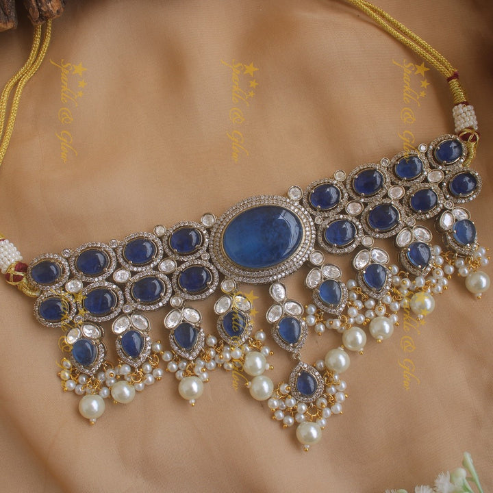 Gorgeous Oval stone victorian AD choker with pearl drops - blue