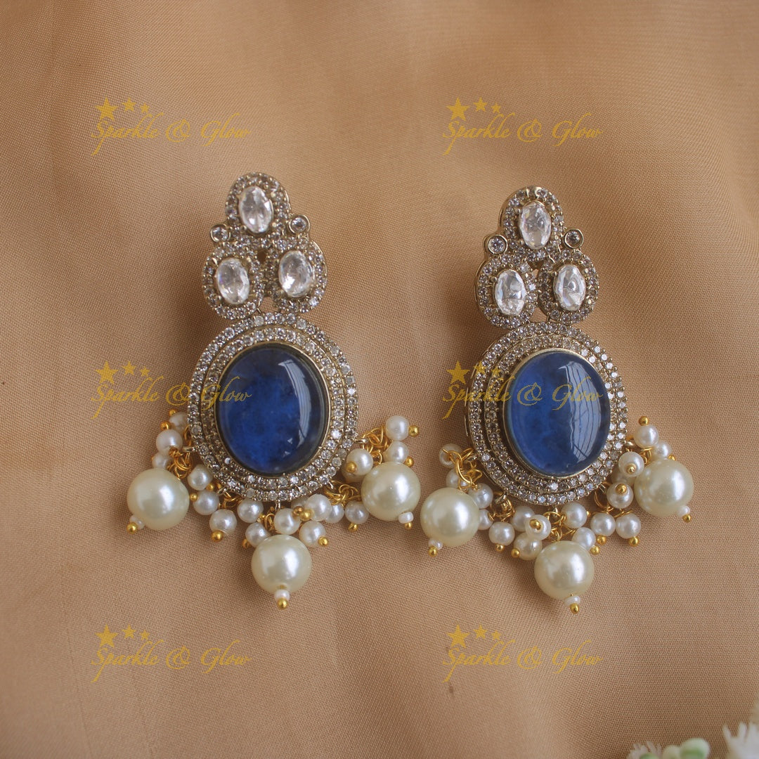 Gorgeous Oval stone victorian AD choker with pearl drops - blue