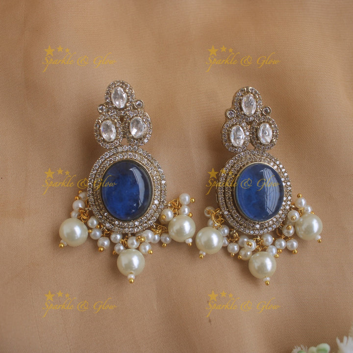 Gorgeous Oval stone victorian AD choker with pearl drops - blue