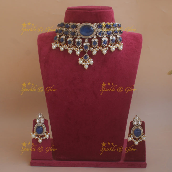 Gorgeous Oval stone victorian AD choker with pearl drops - blue