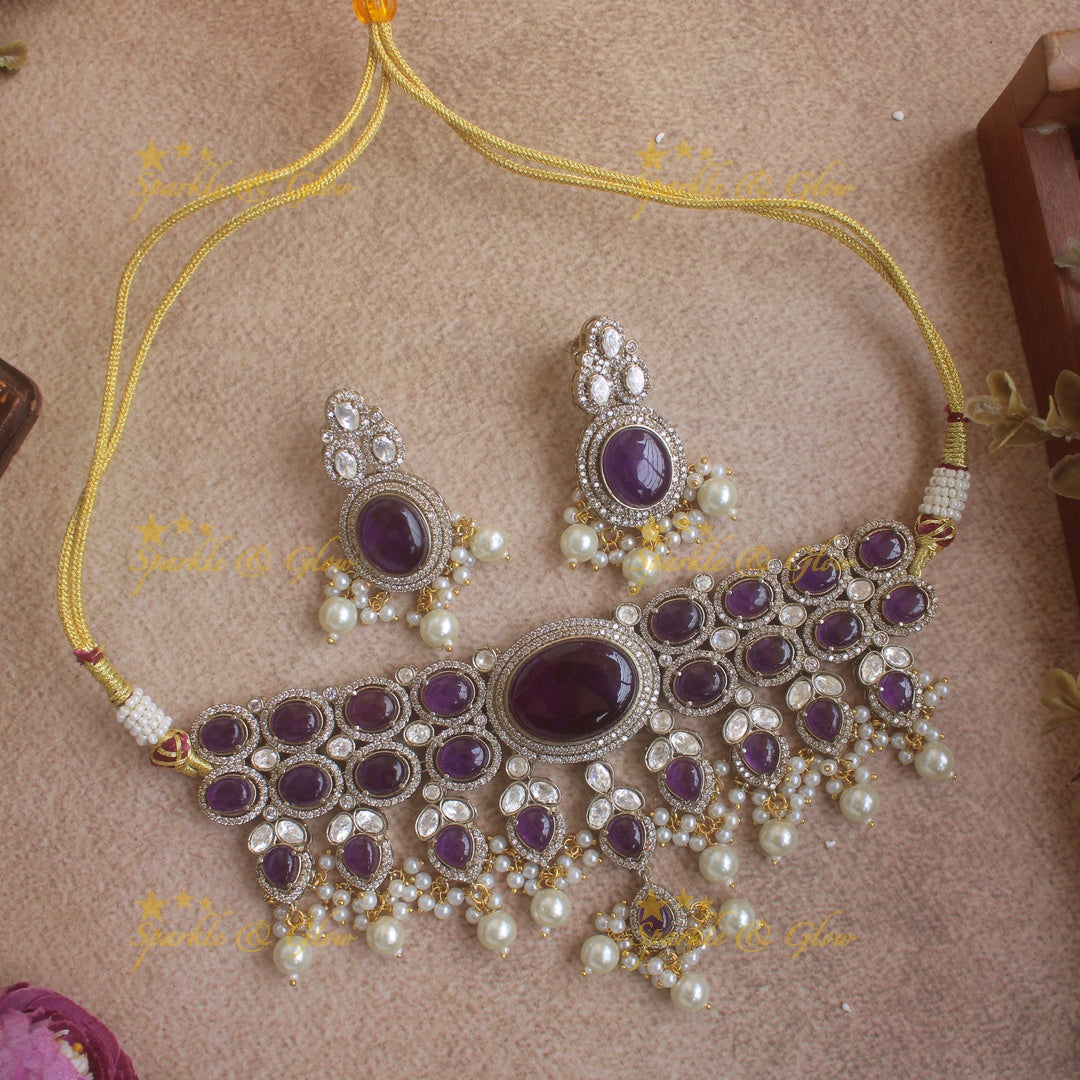 Gorgeous Oval stone victorian AD choker with pearl drops - purple