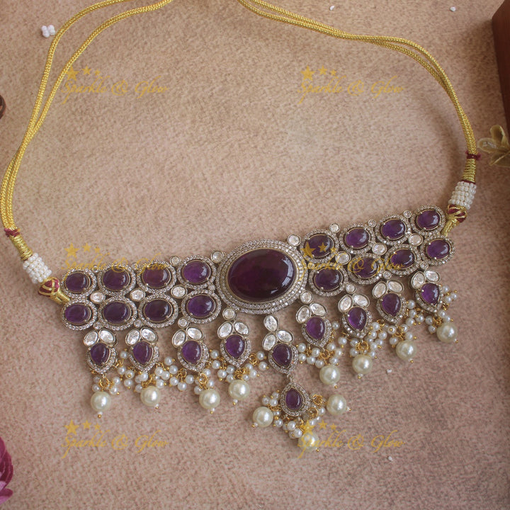 Gorgeous Oval stone victorian AD choker with pearl drops - purple