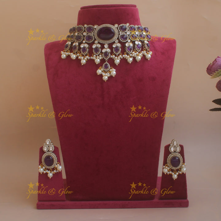 Gorgeous Oval stone victorian AD choker with pearl drops - purple