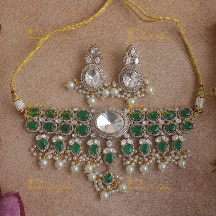 Sparkling Floral design Victorian AD Choker with Pearls- Mint green