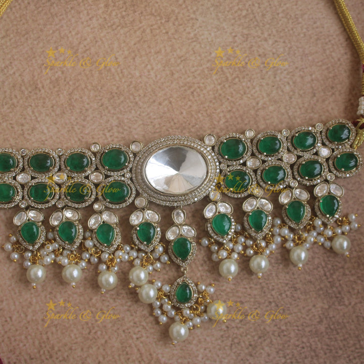 Gorgeous Oval stone victorian AD choker with pearl drops - green