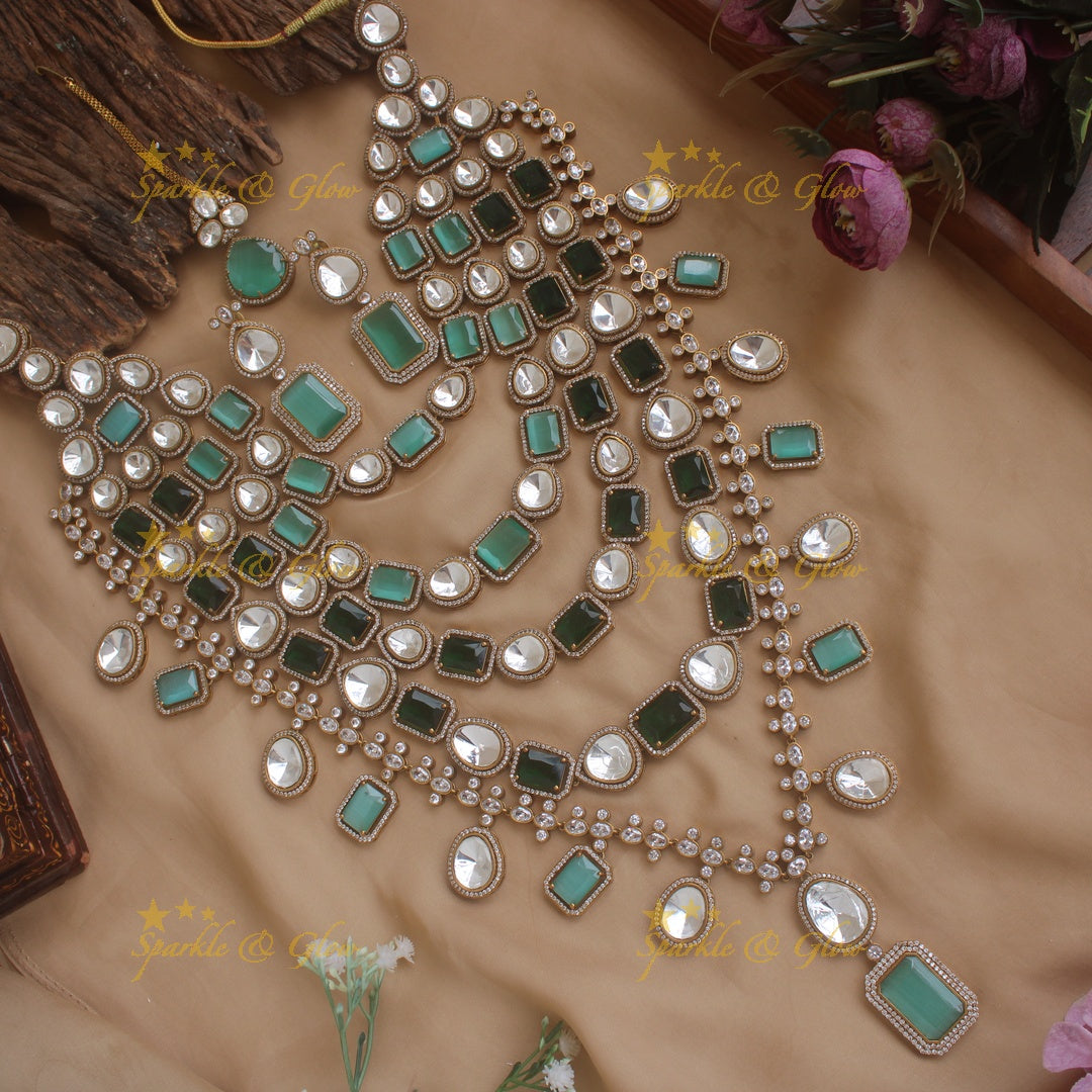Statement Multi layer Victorian AD Rani haram with green and mint green beads with maang tikka