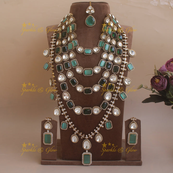 Statement Multi layer Victorian AD Rani haram with green and mint green beads with maang tikka