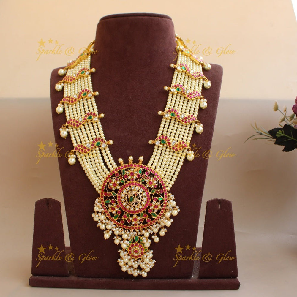 Exclusive Peacock floral design pendant jadau Rani haram with multi layer pearl chain - Sparkle and Glow - Back Thread - 
