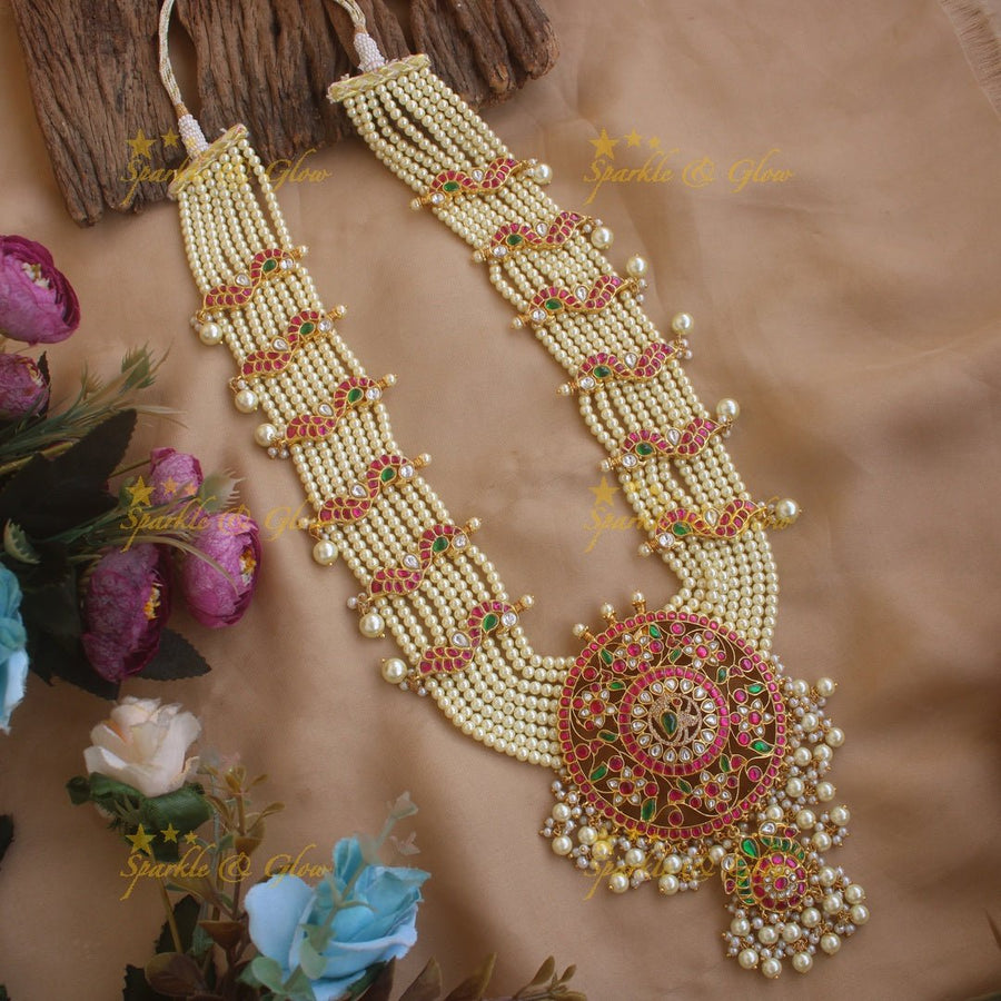 Exclusive Peacock floral design pendant jadau Rani haram with multi layer pearl chain - Sparkle and Glow - Back Thread - 