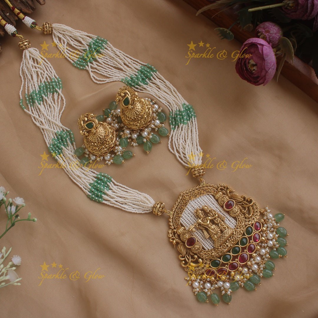 Statement Radha Krishna pendent haram with multi layer pearl chain and mint green beads - Sparkle and Glow - Back Thread - 