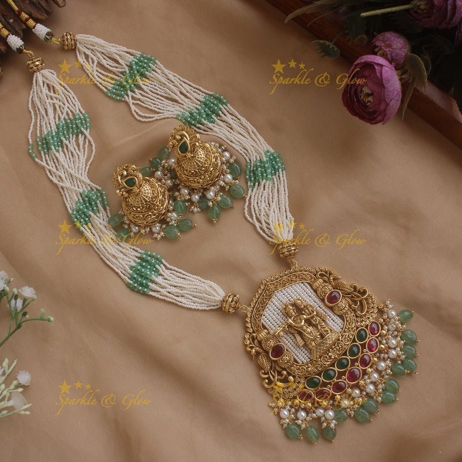 Statement Radha Krishna pendent haram with multi layer pearl chain and mint green beads - Sparkle and Glow - Back Thread - 