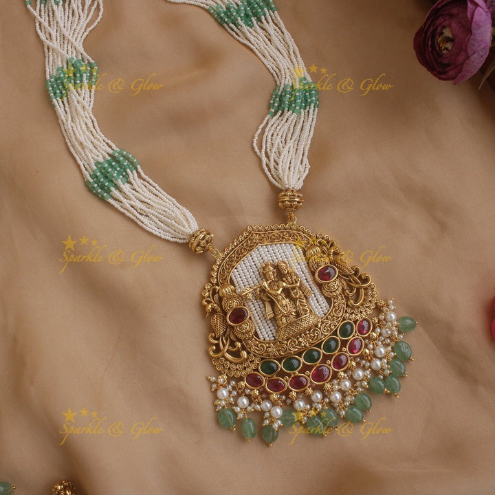 Statement Radha Krishna pendent haram with multi layer pearl chain and mint green beads - Sparkle and Glow - Back Thread - 
