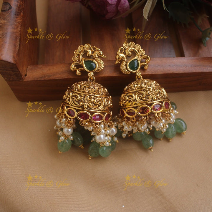 Statement Radha Krishna pendent haram with multi layer pearl chain and mint green beads - Sparkle and Glow - Back Thread - 