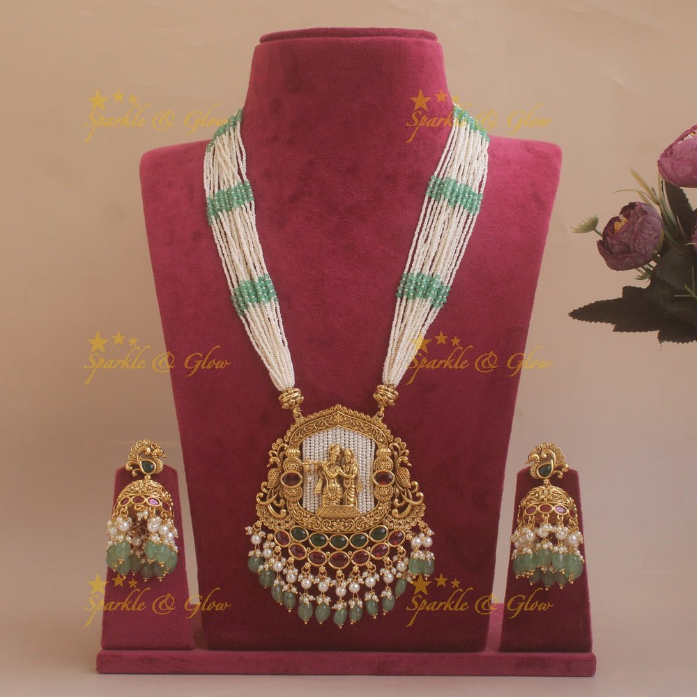 Statement Radha Krishna pendent haram with multi layer pearl chain and mint green beads - Sparkle and Glow - Back Thread - 