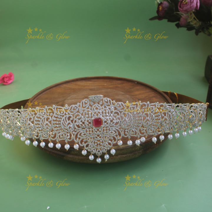 Beautiful Floral and leaf design American diamond hipbelt with ruby and pearl drops