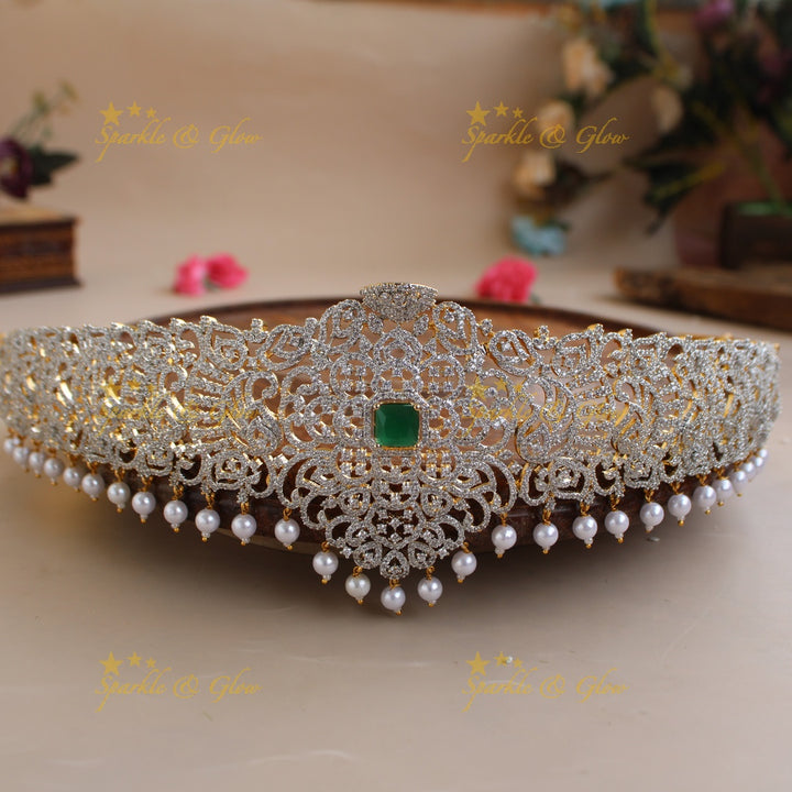 Beautiful Floral and leaf design American diamond hipbelt with ruby and pearl drops