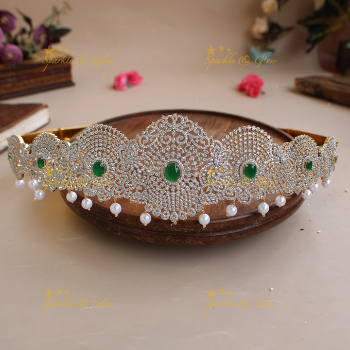 Gorgeous Floral design American diamond hipbelt with emerald and pearl drops