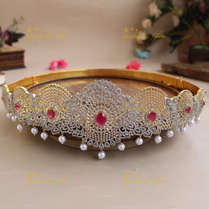 Gorgeous Floral design American diamond hipbelt with emerald and pearl drops