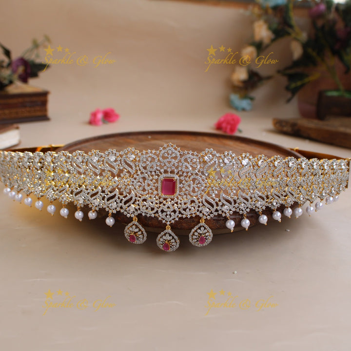 Stunning Floral design American diamond hipbelt with ruby and pearl drops