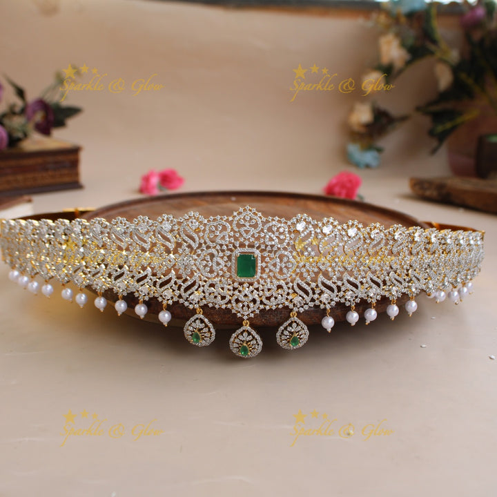 Stunning Floral design American diamond hipbelt with ruby and pearl drops